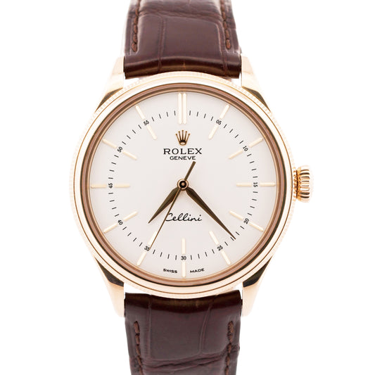 PAPERS Rolex Cellini 18k Rose Gold WHITE Leather Automatic 39mm 50505 Watch BOX