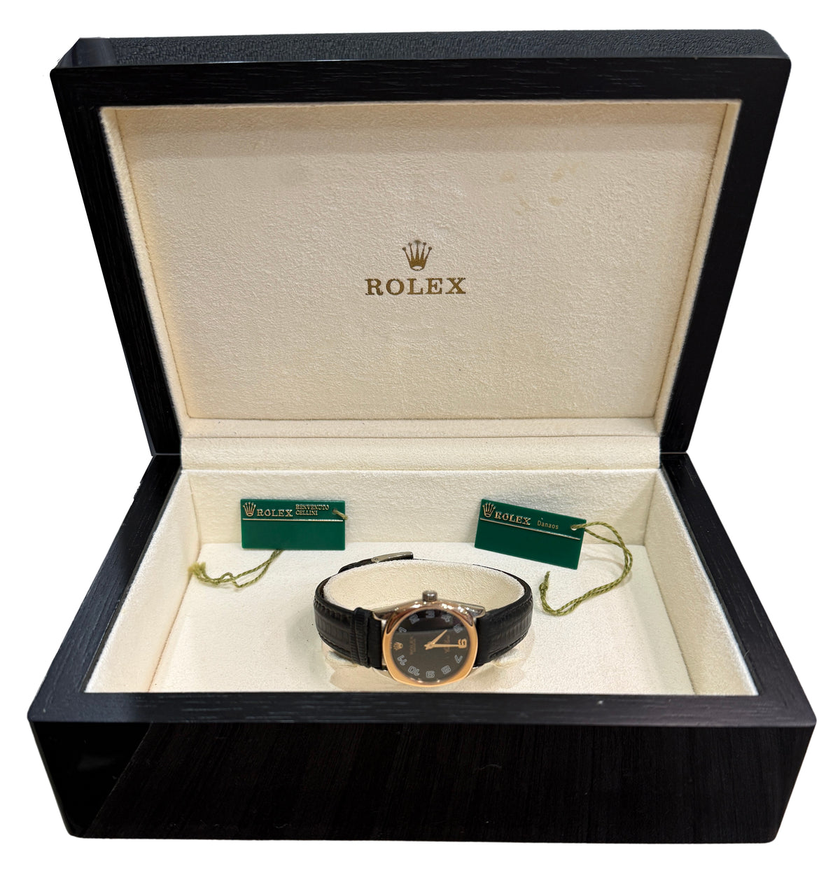 Ladies Rolex Cellini Danaos 26mm Black 18K Gold Quartz 6229/9BIC Watch BOX