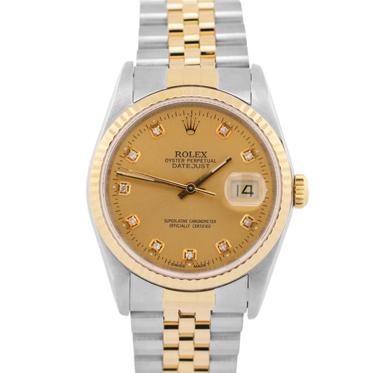 Rolex DateJust 36mm  CHAMPAGNE DIAMOND 18K Yellow Gold JUBILEE Steel 16233 Watch