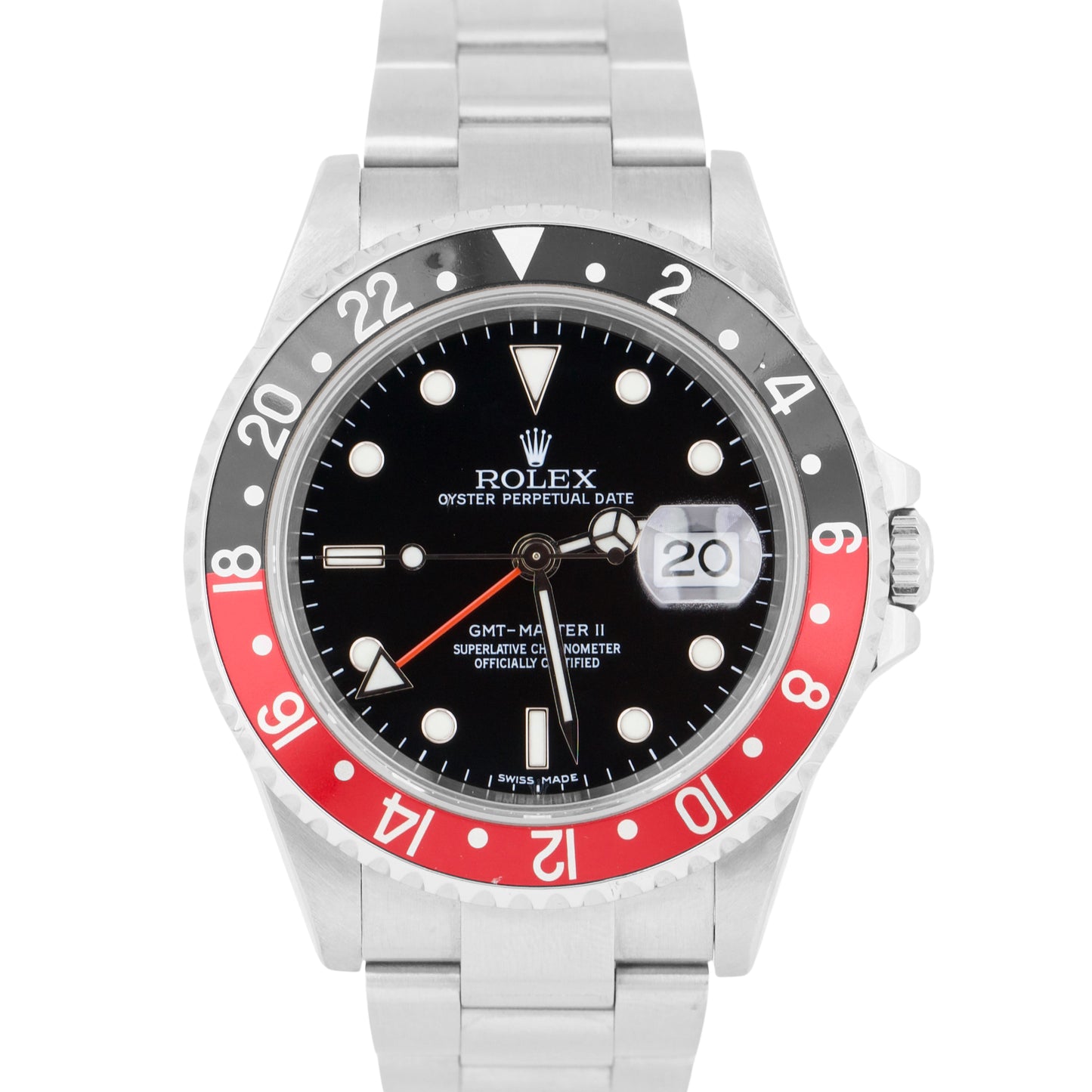 Rolex GMT-Master II 40mm COKE Black Red NO-HOLES Steel STICK DIAL 16710 Watch