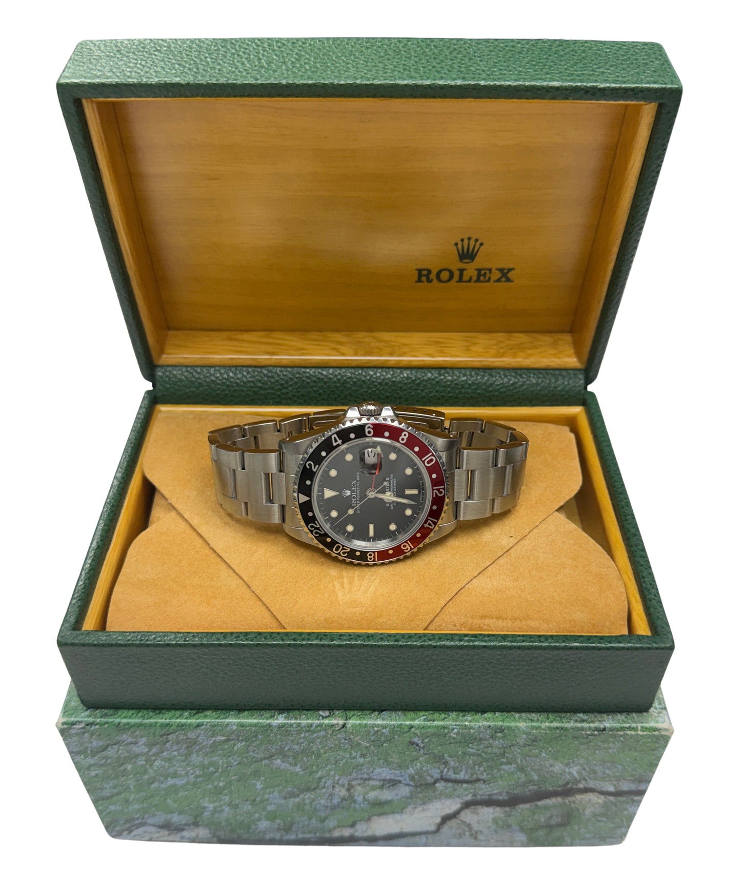 1990 Rolex GMT-Master II 16710 40mm Patina Coke Black Red Steel Oyster Watch Box