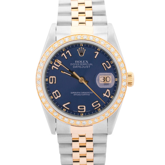Rolex DateJust BLUE CONCENTRIC 36mm DIAMOND 18K Yellow Gold Steel JUBILEE 16263
