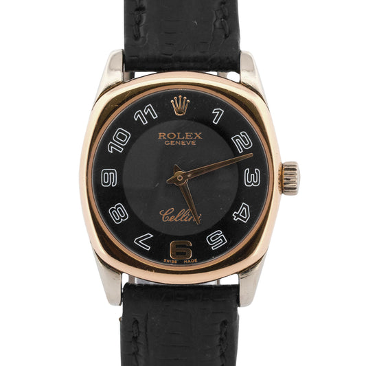 Ladies Rolex Cellini Danaos 26mm Black 18K Gold Quartz 6229/9BIC Watch BOX