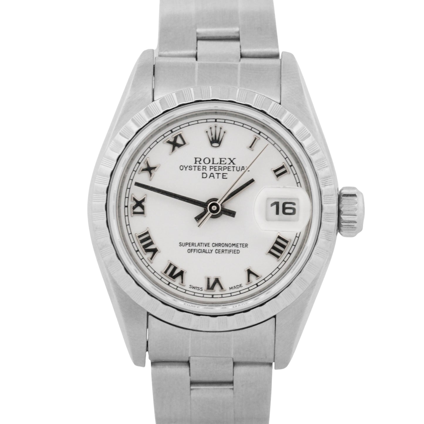 PAPERS Ladies Rolex Date WHITE ROMAN 26mm Engine-Turned Steel 79240 BOX