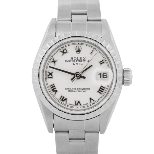PAPERS Ladies Rolex Date WHITE ROMAN 26mm Engine-Turned Steel 79240 BOX
