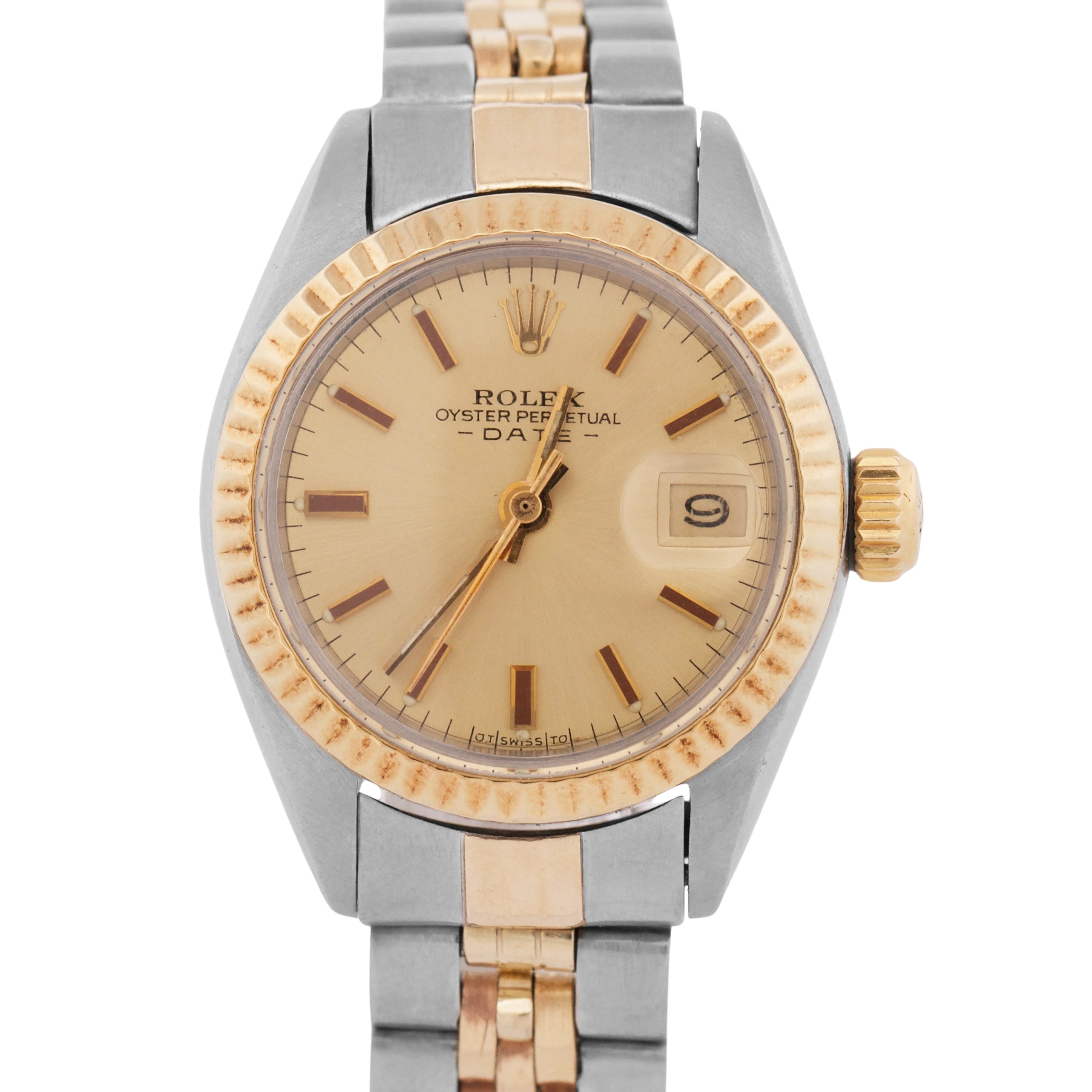 1974 Rolex Date 26mm CHAMPAGNE 18K Yellow Gold Steel Fluted JUBILEE 6917 Watch