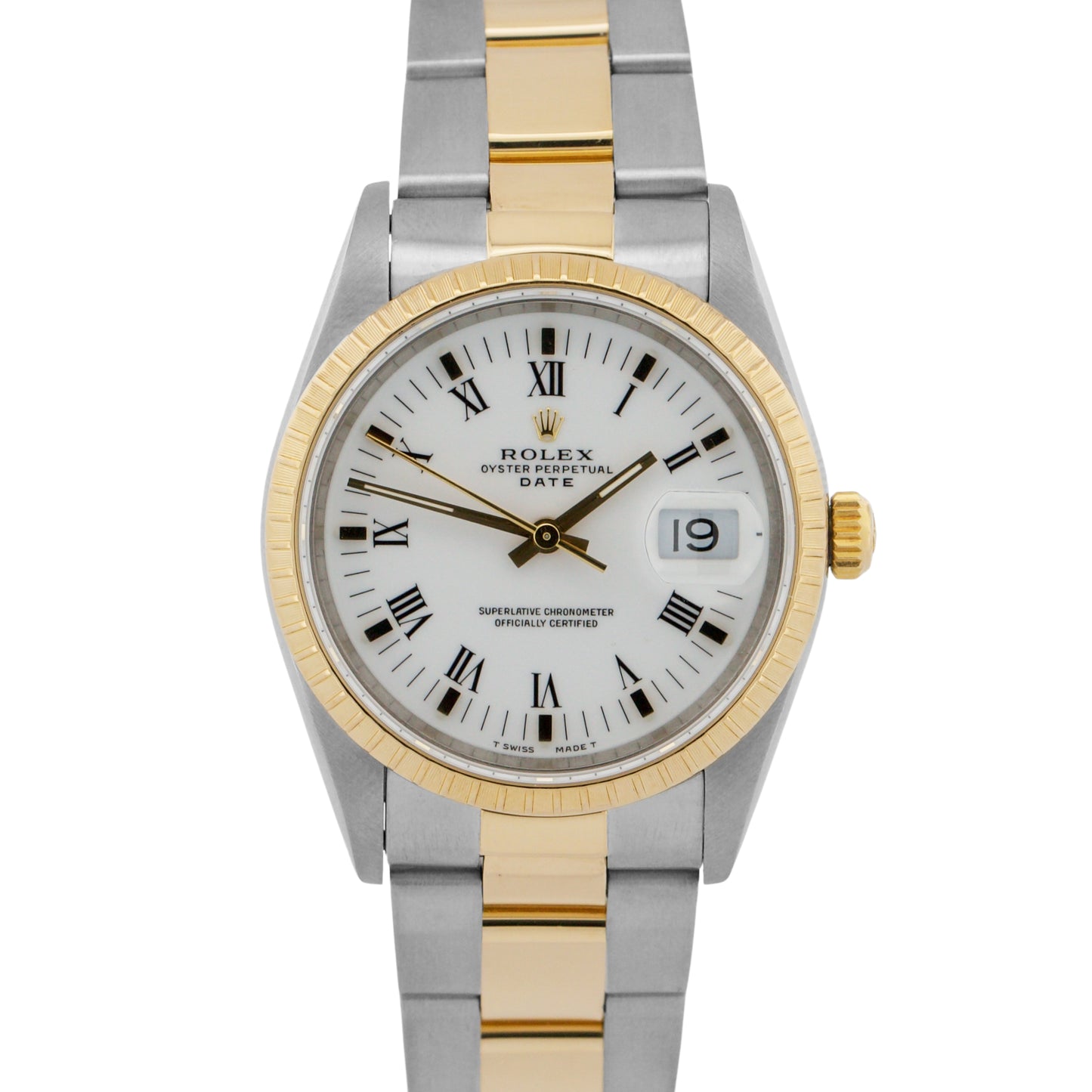 Rolex Oyster Perpetual Date 34mm WHITE ROMAN 18K Steel Engine-Turned 15233 Watch