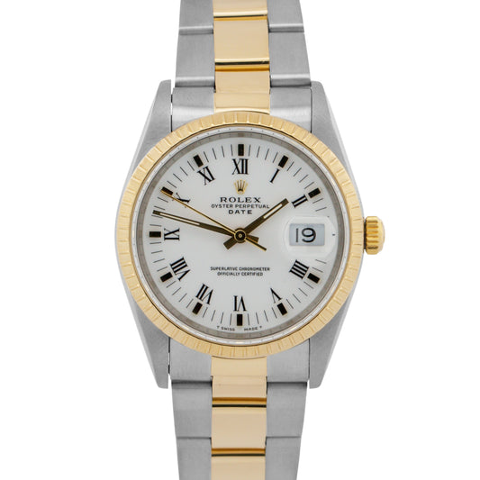 Rolex Oyster Perpetual Date 34mm WHITE ROMAN 18K Steel Engine-Turned 15233 Watch