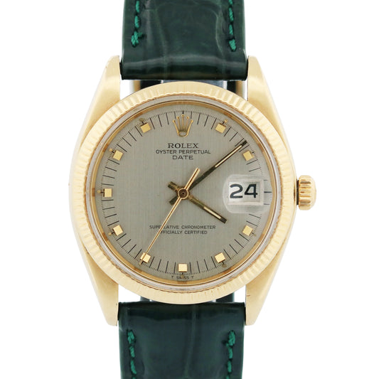Rolex Oyster Perpetual Date 34mm SILVER 14K Yellow Gold Green Leather 1503 Watch