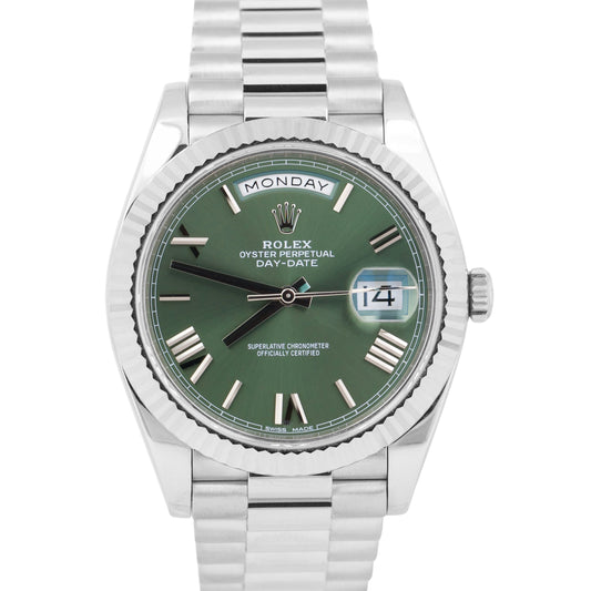 MINT Rolex Day-Date President 40mm OLIVE GREEN ROMAN 18K White Gold 228239 BOX