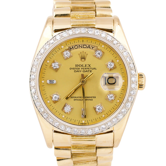 Rolex Day-Date President 36mm DIAMOND Champagne BARK 18K Yellow Gold Watch 18038