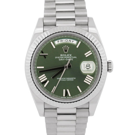 PAPERS Rolex Day-Date President OLIVE GREEN ROMAN 18K White Gold 40mm 228239 BOX