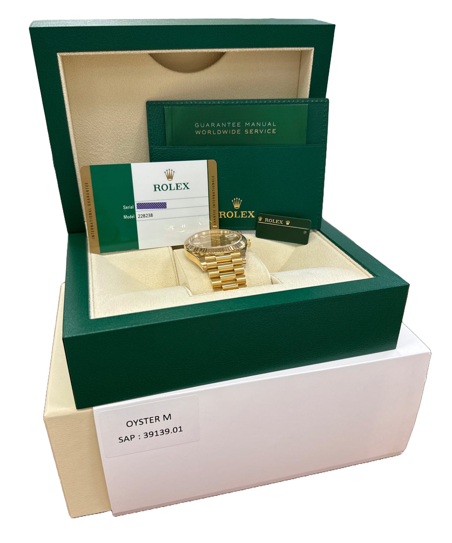 PAPERS Rolex Day-Date President 40mm CHAMPAGNE BAGUETTE DIAMOND 18K 228238 BOX