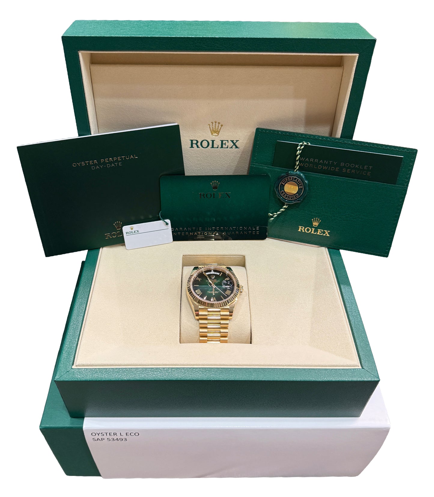 2026 PAPERS Rolex Day-Date President 18K Gold GREEN OMBRE ROMAN 40mm 228238 BOX