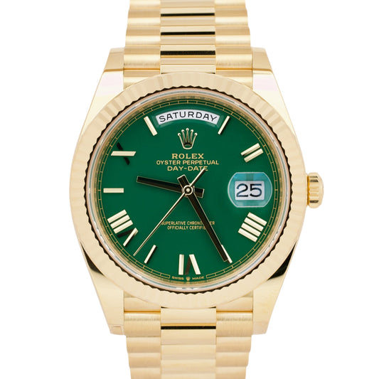 NEW SEPT 2023 Rolex Day-Date 18K President GREEN ROMAN 40mm 228238 CARD B+P