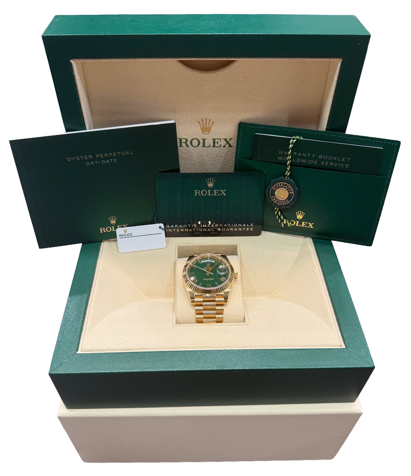 2023 PAPERS Rolex Day-Date President 40mm ARABIC GREEN ROMAN 18K Gold 228238 BOX