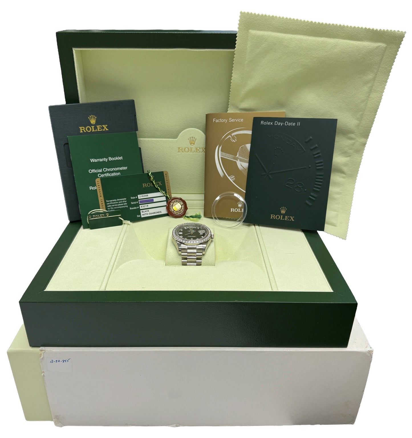 NOS STICKERED PAPERS Rolex Day-Date II President FACTORY DIAMOND 41mm 218349 BOX