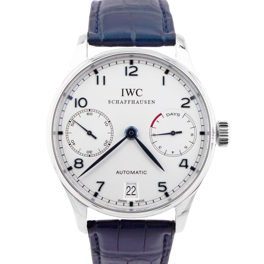 MINT IWC Portugieser 7-Day PAPERS White 42.3mm Steel IW500107 Leather Watch B+P