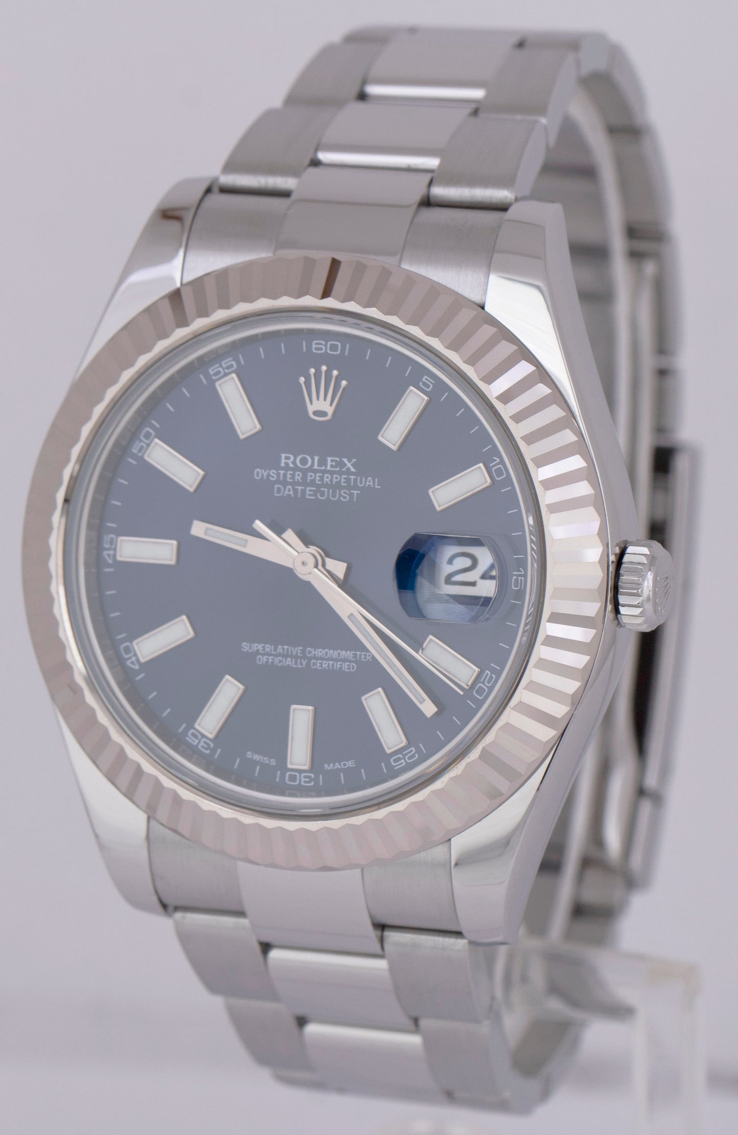 MINT Rolex DateJust II 41mm Blue 18K Fluted Gold Steel Watch Oyster 116334 B+P