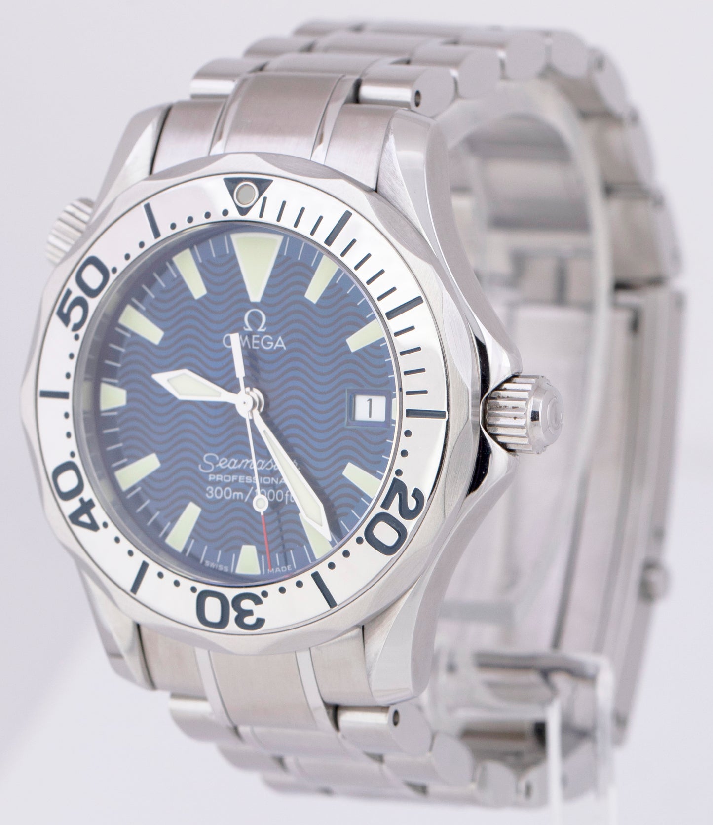 MINT Omega Seamaster 36mm PAPERS 2263.80 Quartz Blue Wave 300M Steel Watch B+P