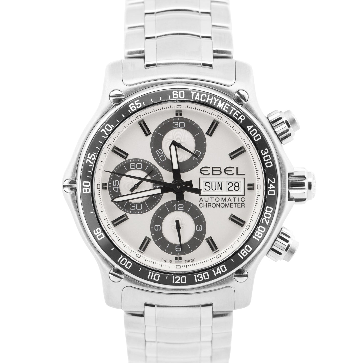 Ebel 1911 Discovery WHITE Chronograph Day Date Stainless Steel 43mm E9750L62