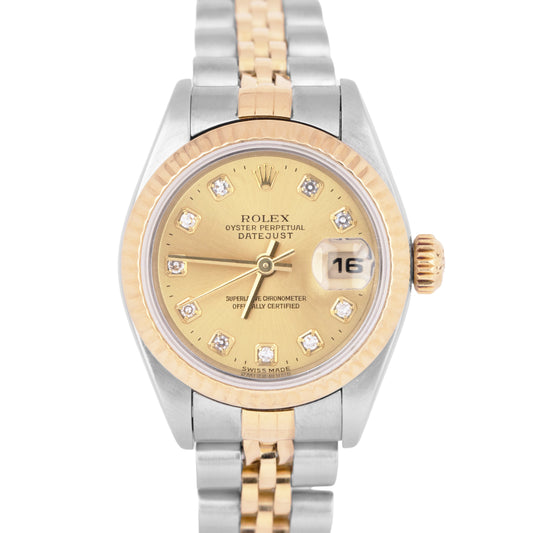 Ladies Rolex DateJust Champagne DIAMOND 26mm JUBILEE 18K Gold NO-HOLES 79173
