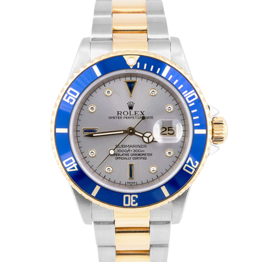MINT 1999 Rolex Submariner SERTI SLATE DIAMOND Blue Two-Tone 18K Watch 16613