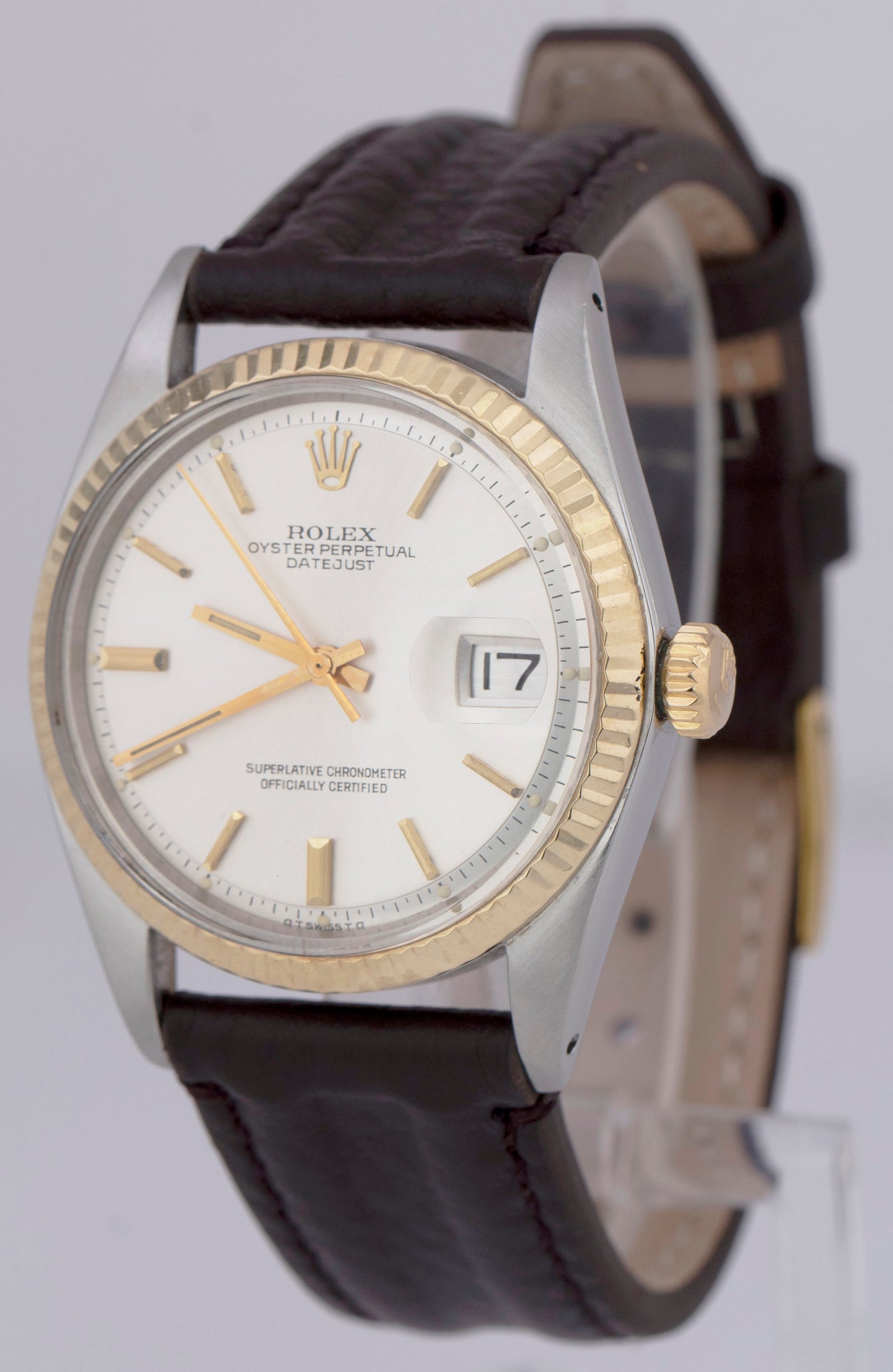 Rolex DateJust 36mm Silver Pie-Pan Sigma Dial 18K Yellow Gold Fluted Watch 1601