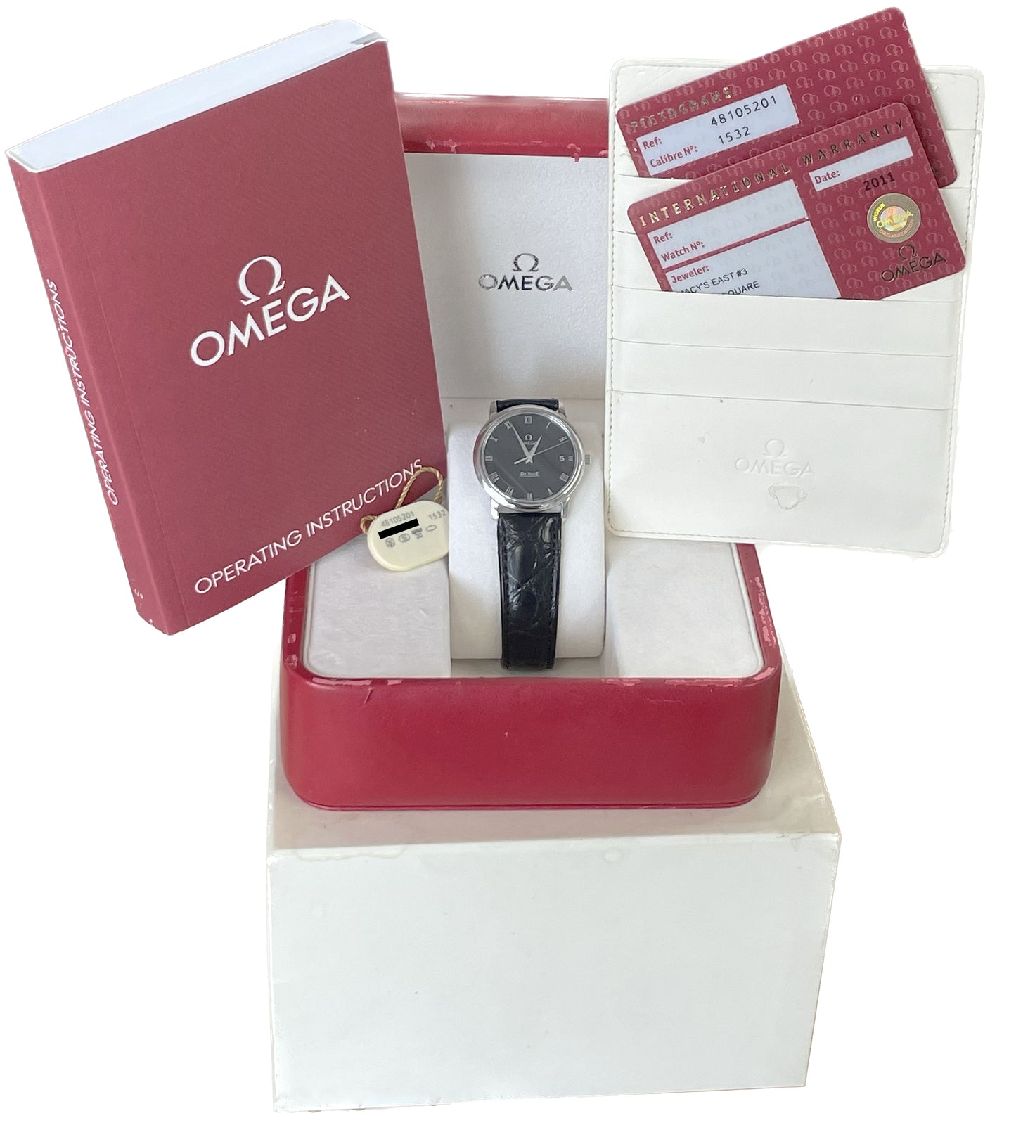 Omega De Ville Prestige PAPERS 34.4mm 4810.52.01 Leather Quartz Steel Watch B+P