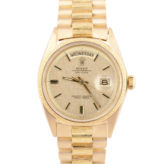 MINT 1972 Rolex Day-Date President LINEN PIE-PAN 36mm 18K Gold Bark Watch 1803