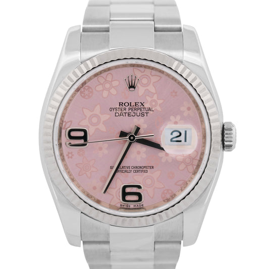 Rolex DateJust PINK FLORAL MOTIF Stainless OYSTER 18K Gold Fluted 36mm 116200