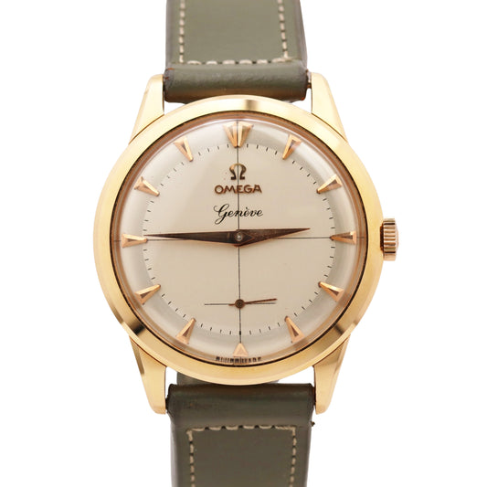 Unisex Omega Geneve 18K Rose Gold Silver Leather 35mm Manual 35mm Watch 2903