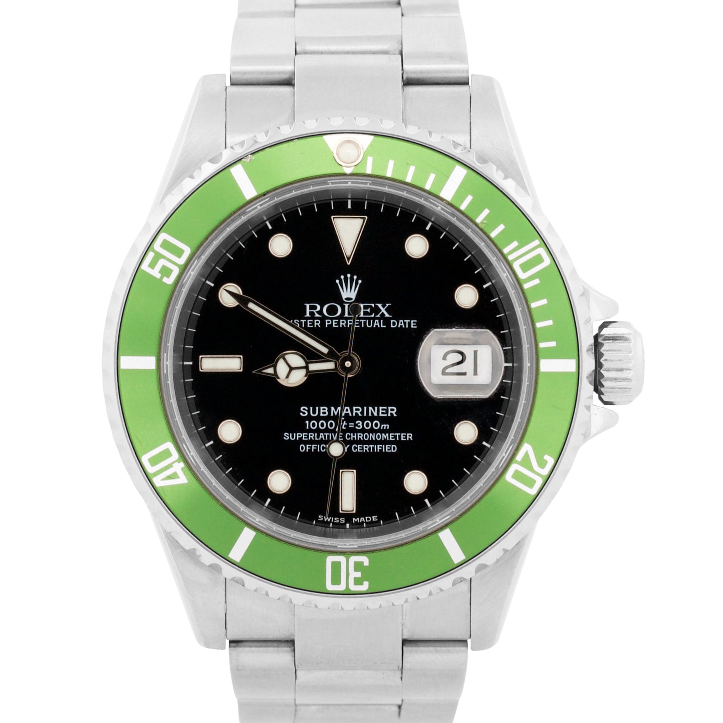 Rolex Submariner Date BLACK Stainless Steel GREEN No-Holes 40mm Watch 16610