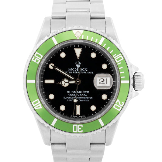 Rolex Submariner Date BLACK Stainless Steel GREEN No-Holes 40mm Watch 16610