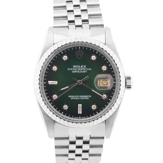 VINTAGE Rolex DateJust 36mm VIGNETTE GREEN DIAMOND Stainless Steel JUBILEE 16030