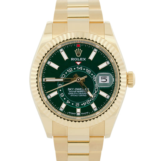 2025 PAPERS Rolex Sky-Dweller GREEN 18K Yellow Gold 42mm OYSTER Watch 336938 BOX