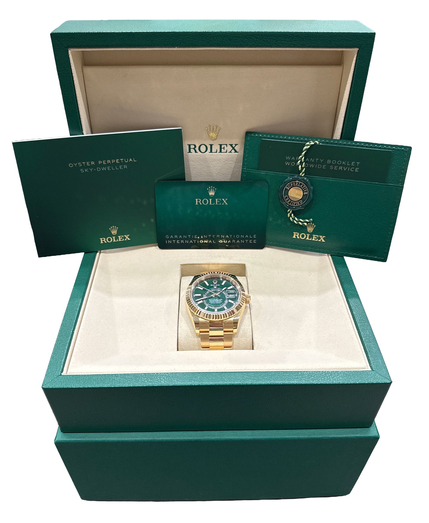 2025 PAPERS Rolex Sky-Dweller GREEN 18K Yellow Gold 42mm OYSTER Watch 336938 BOX