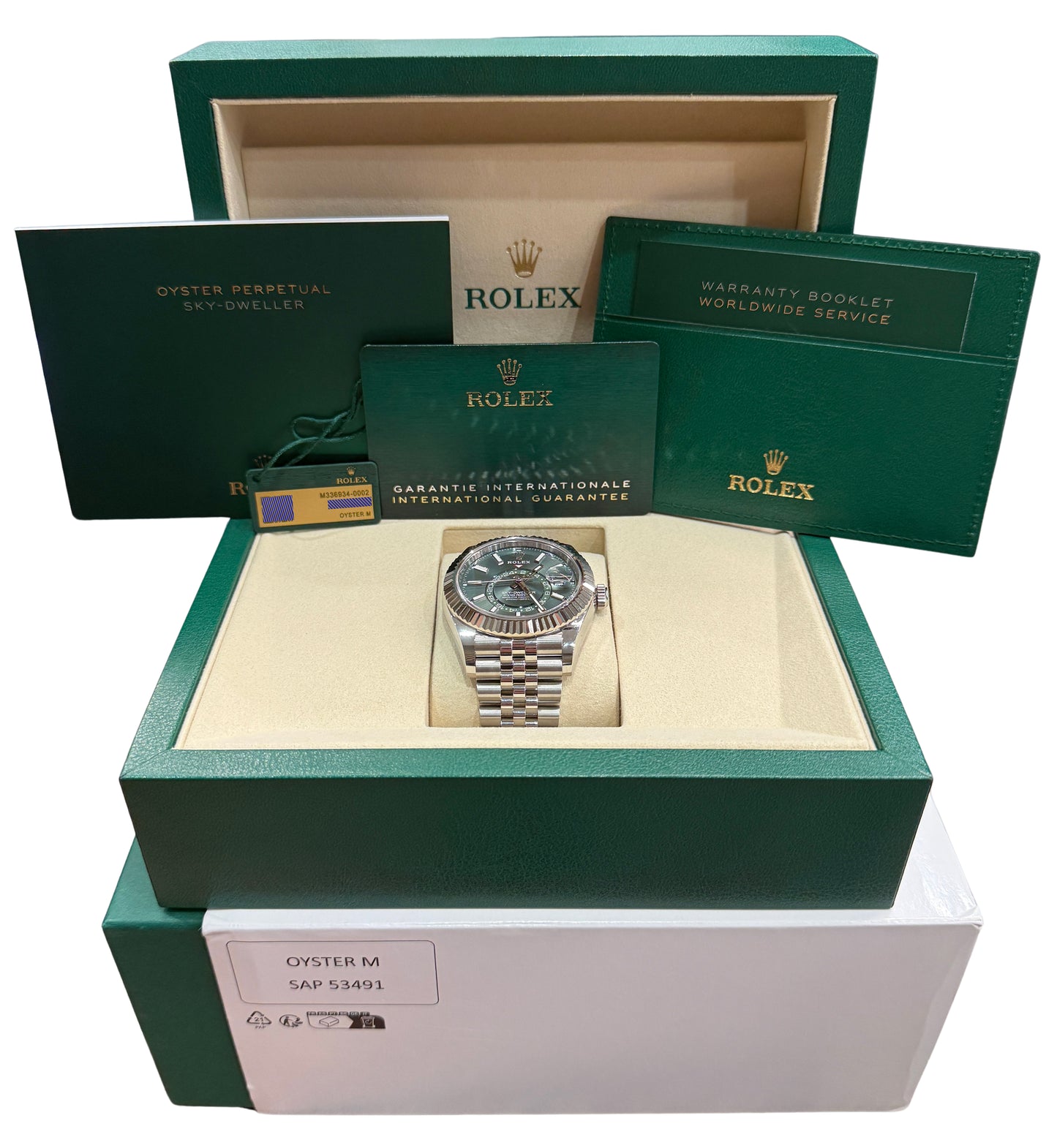 2026 Rolex Sky-Dweller 336934 Mint Green 42mm Jubilee 18K Steel Box Papers