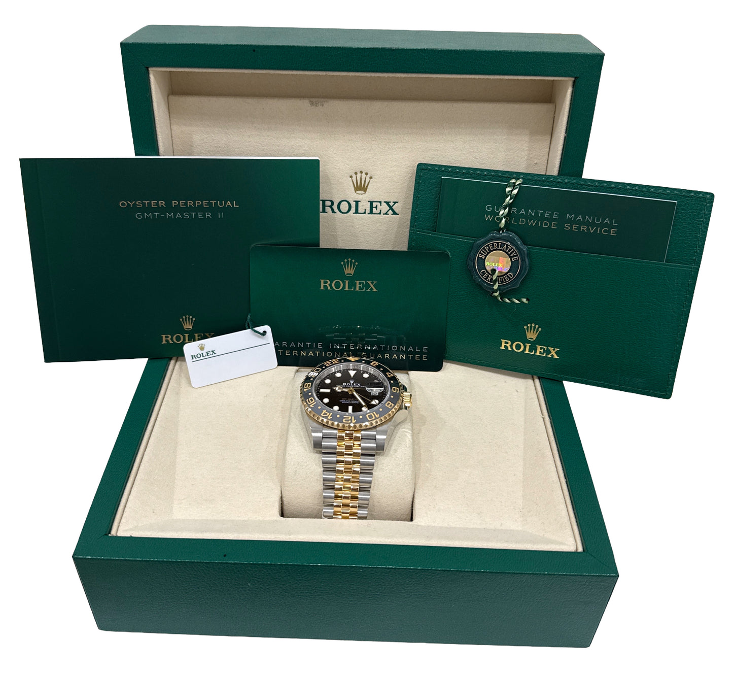 2025 PAPERS Rolex GMT-Master II Two-Tone 18K Gold 40mm JUBILEE 126713 GRNR BOX