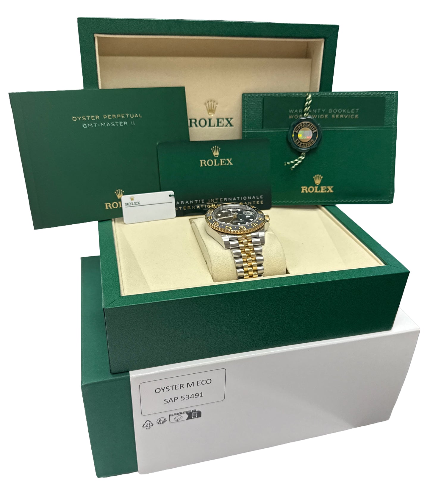 2025 PAPERS Rolex GMT-Master II BLACK 18K Gold JUBILEE Steel 126713 GRNR BOX