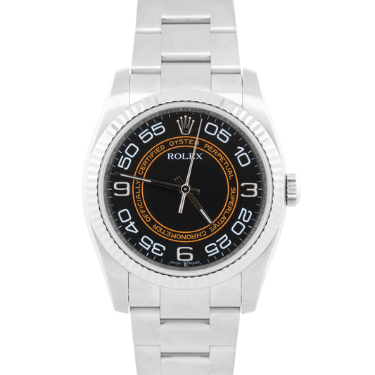 PAPERS Rolex Oyster Perpetual 36mm Black Orange HARLEY Steel Watch 116034 BOX