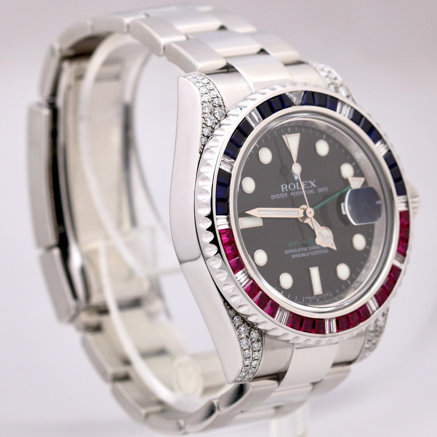 Rolex GMT-Master II DIAMOND Pink/Blue SAPPHIRE Bezel Black 40mm 116710 LN Watch