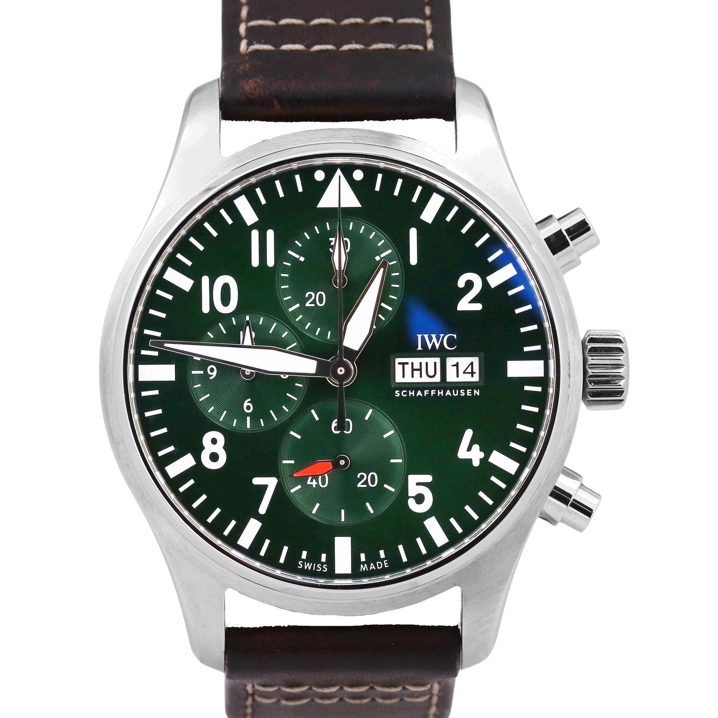 MINT PAPERS IWC Pilot GREEN 43mm Stainless Leather Chronograph IW378005 BOX