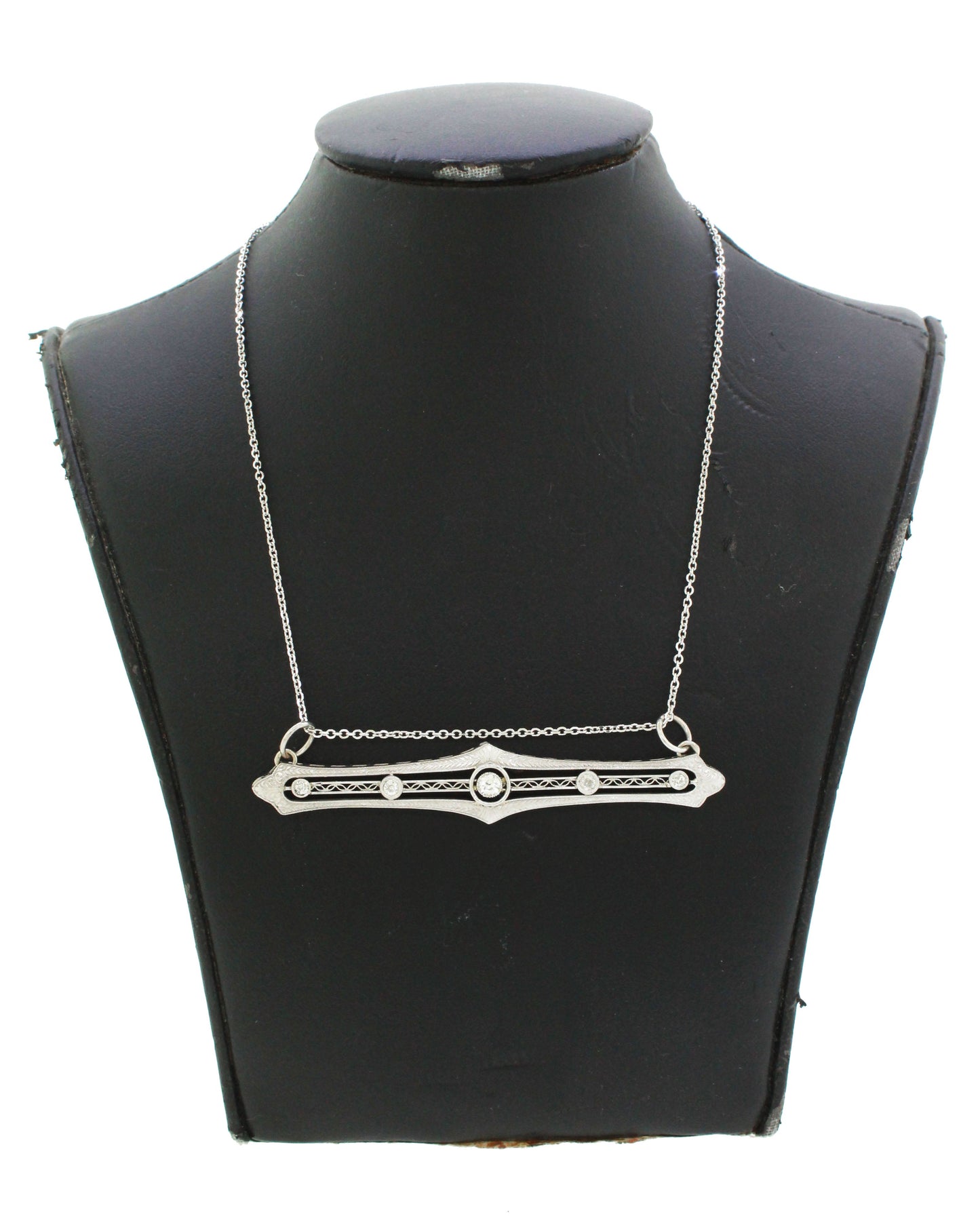 Antique Art Deco 0.45ctw Diamond Filigree Bar Pendant - 14k White Gold Necklace
