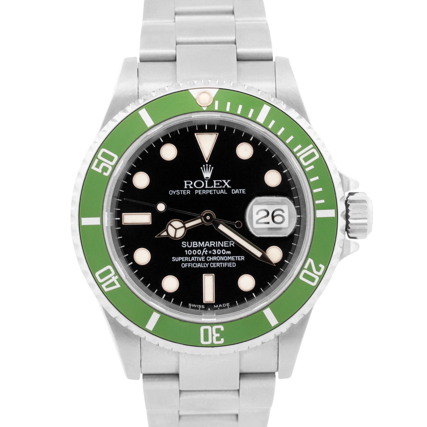 Rolex Submariner Date 16610 LV Flat 4 Green Kermit Stainless Steel Box Papers