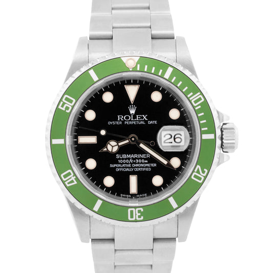 Rolex Submariner Date 16610 LV Flat 4 Green Kermit Stainless Steel Box Papers