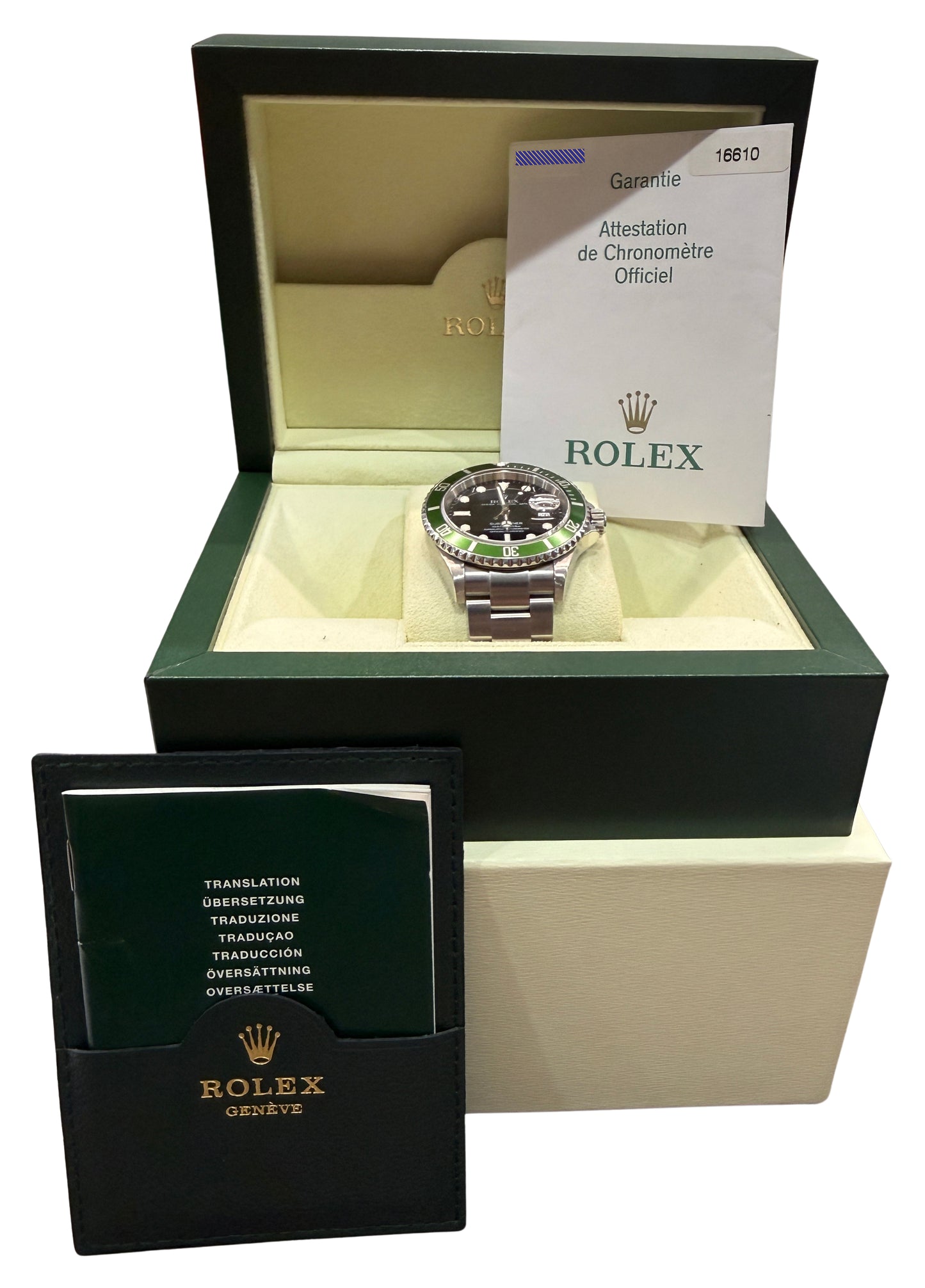 Rolex Submariner Date 16610 LV Flat 4 Green Kermit Stainless Steel Box Papers
