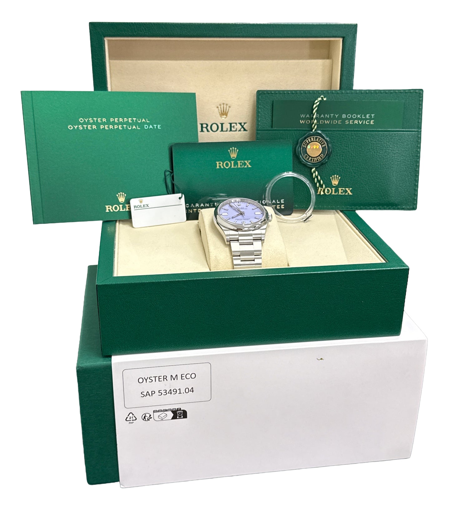 2025 PAPERS Rolex Oyster Perpetual LAVENDER Purple Steel 36mm Watch 126000 BOX