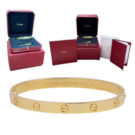 NEW 2023 PAPERS Cartier LOVE Bracelet Solid 18K Yellow Gold Size 19 AU 750 BOX