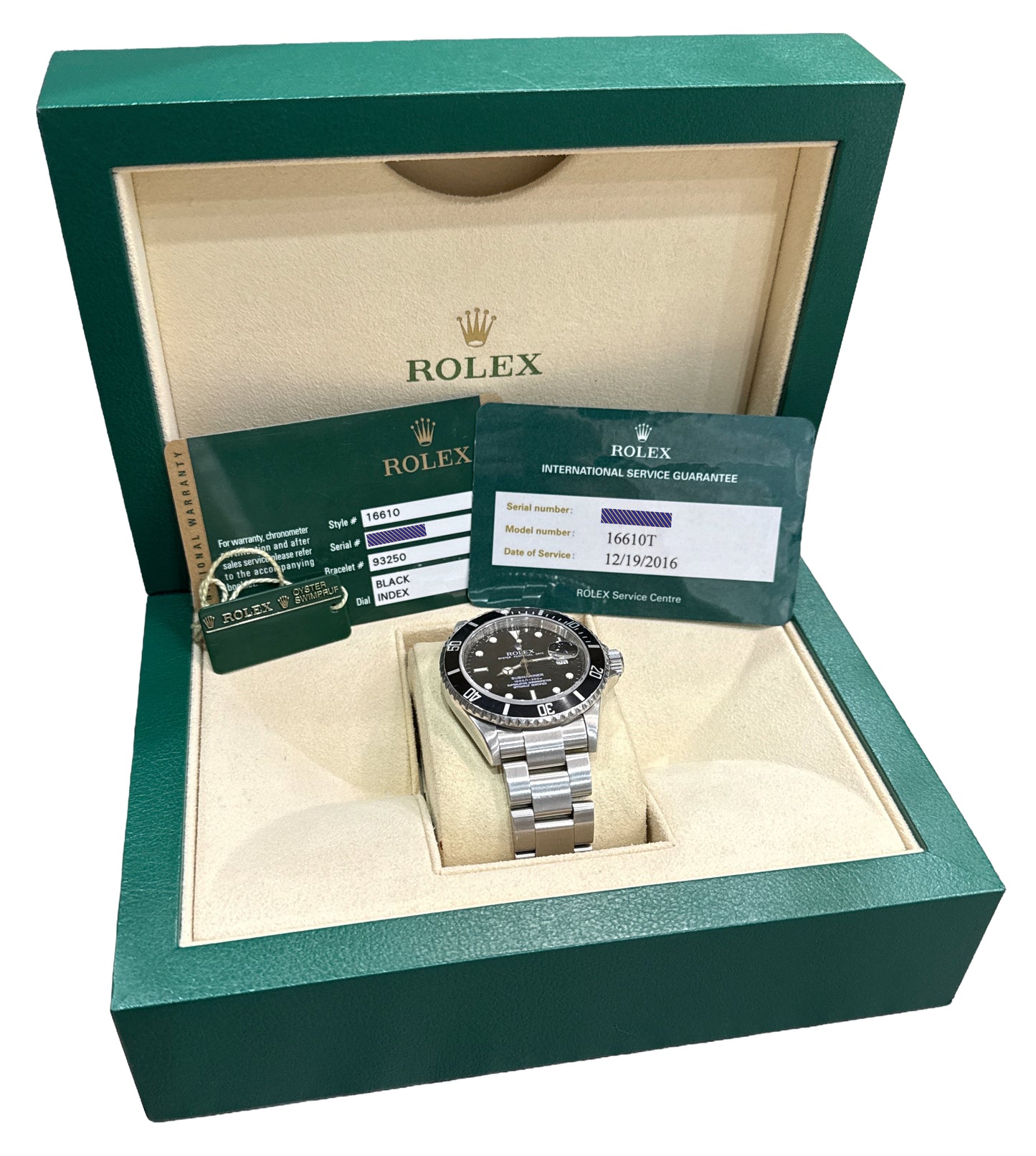 2008 PAPERS Rolex Submariner Date BLACK Steel REHAUT No-Holes 40mm 16610 T BOX